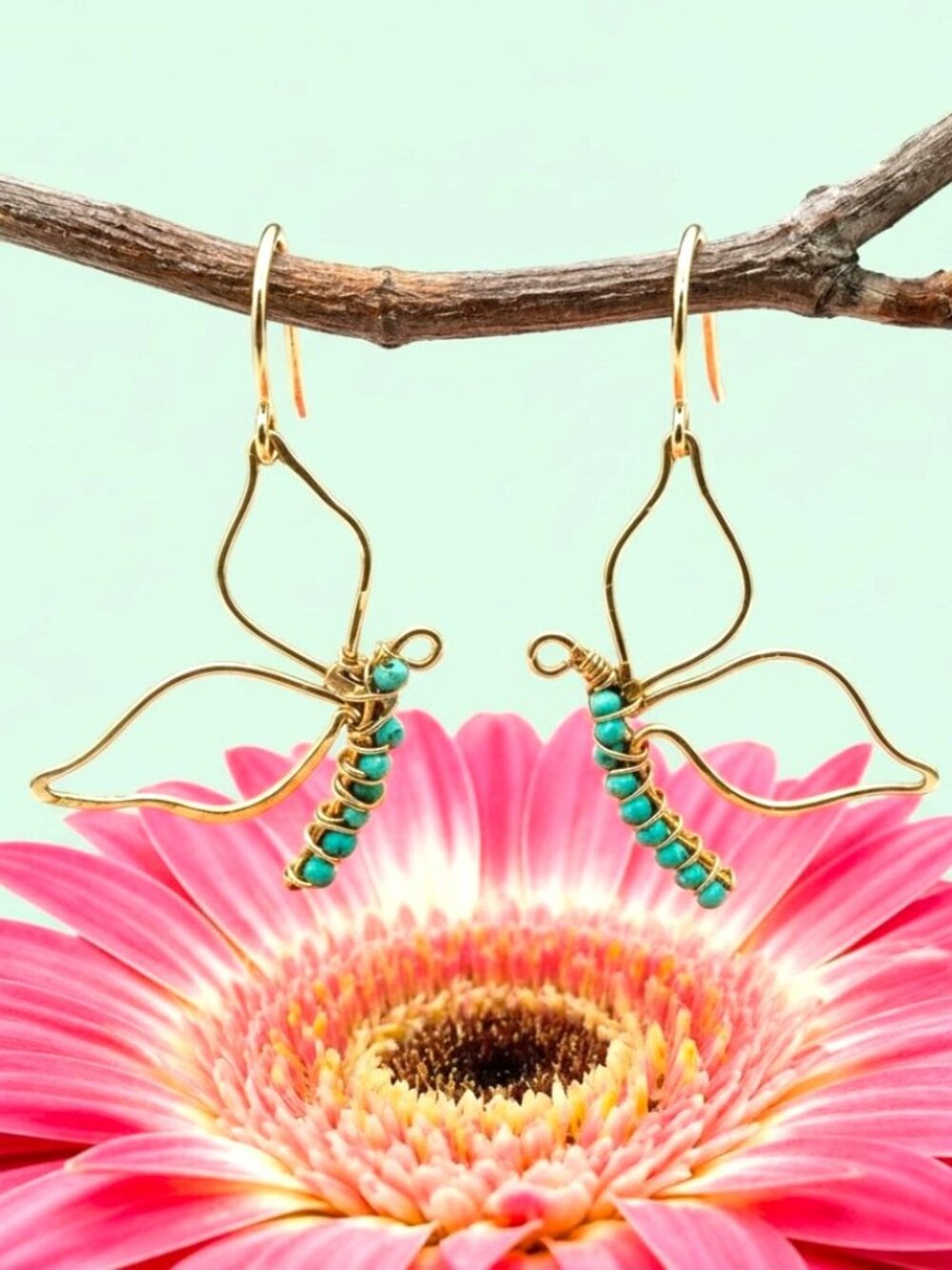 Handmade Gold Filled Butterfly Earrings with Natural Turquoise, Wire Wrapped